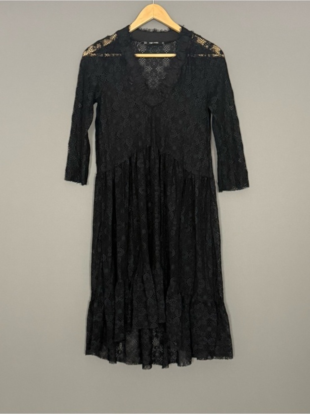 Zara Basic Black Lace Midi Dress XS Sheer Ruffle Gothic Coquette